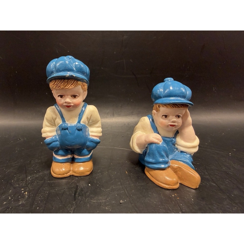 Vintage Boy Figurines Set of 2 – Blue Overalls – Miniature 2.5" Cute‎ Pair
